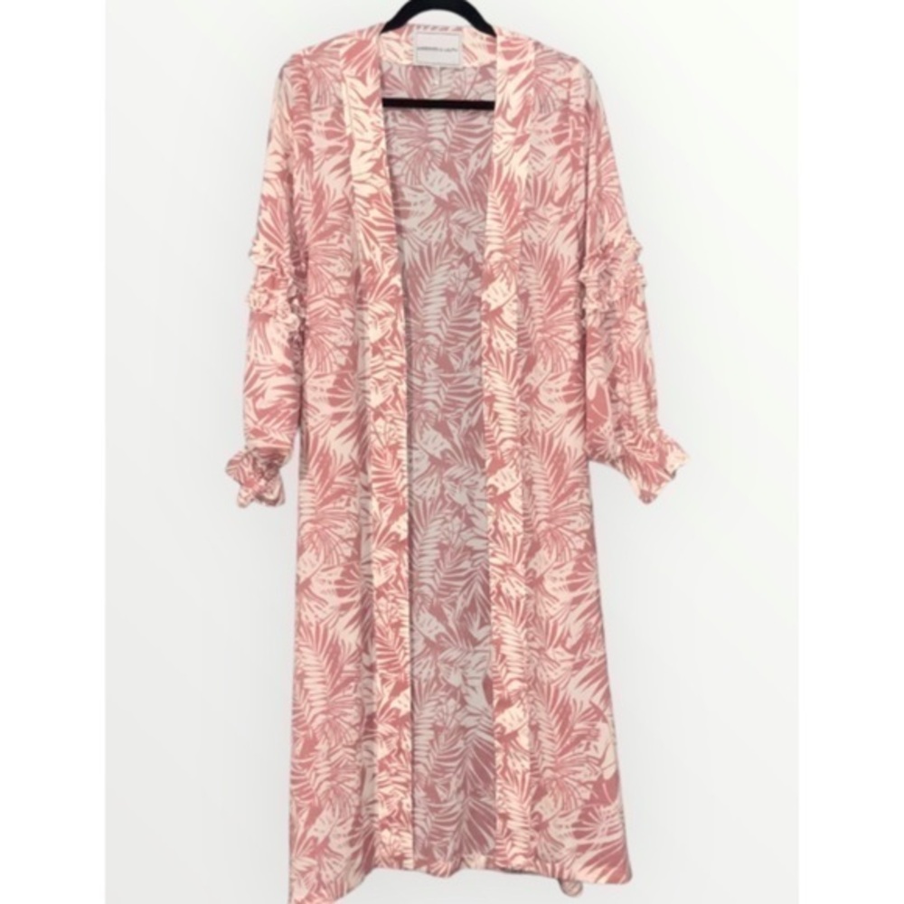 Anthropologie Andersen & Lauth Pink Tropical Palms Ruffle Sleeve Kimono Duster